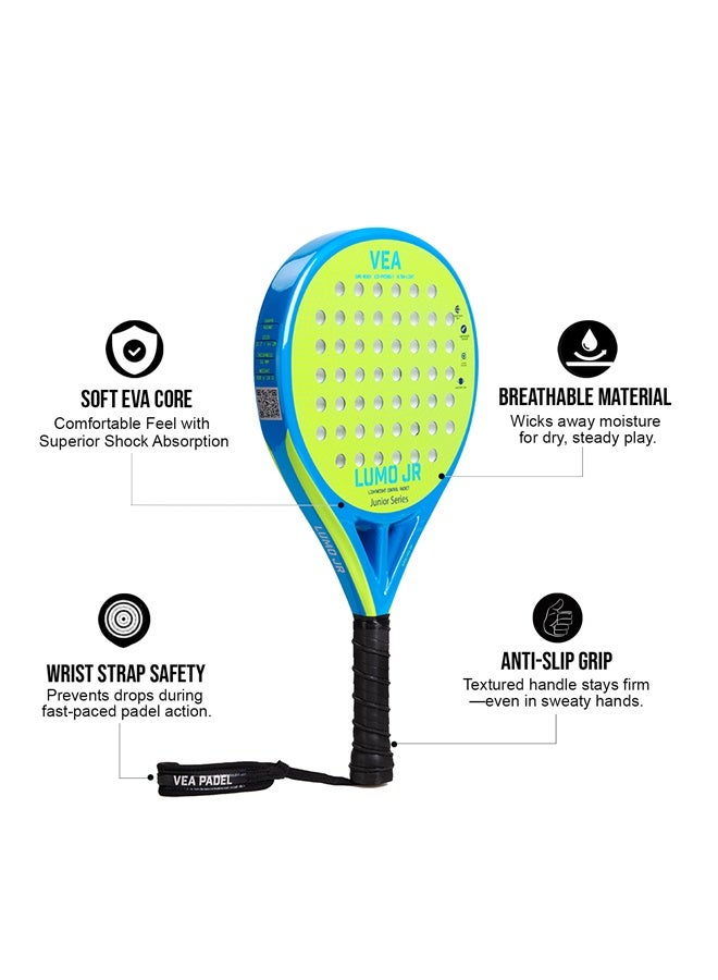 VEA LUMO JR Junior Padel Racket Bundle – Neon Lime Green | Includes 1 Racket and 1 Tube of VEA Padel Balls | 50% Carbon 50% Fiberglass Frame | Soft EVA Core | Lightweight 320g | Glossy Finish - Image 4